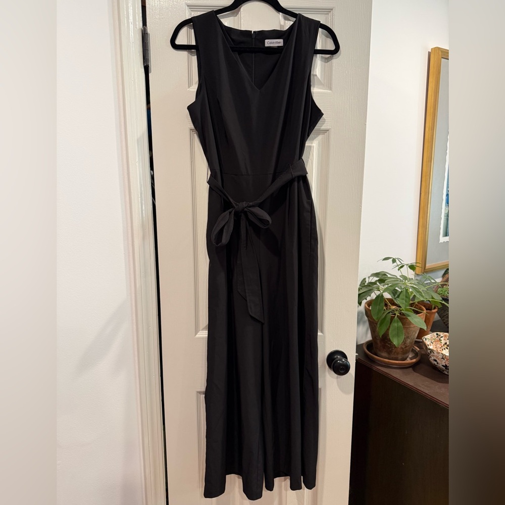 Calvin Klein Black V-Neck Sleeveless Maxi Dress with Waist Tie